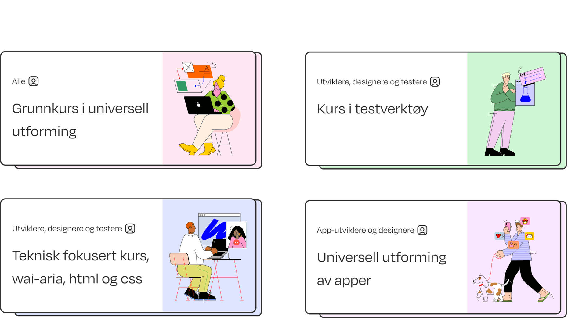 Illustrasjon av 4 ulike kurs; Grunnkurs, Kurs i testverktøy, teknisk fokusert kurs og uu av apper.